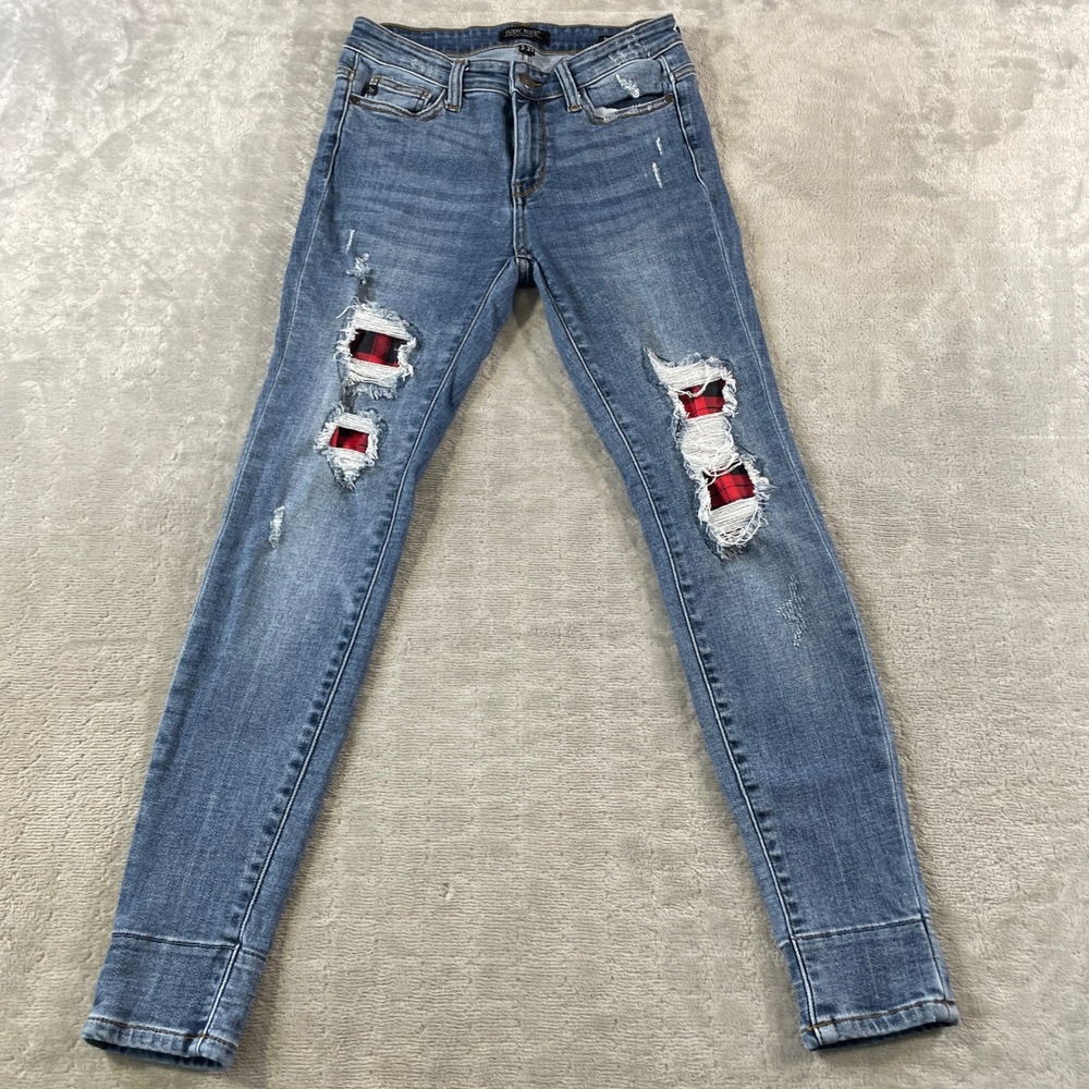 Judy Blue Jeans Women 5/27 Skinny Fit Plaid Patch Distressed Whiskers Mom Preppy